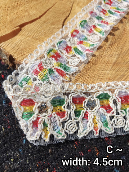 Off white Bohemian Trim with Sequins-4.5cm wide Gold thread Embroidered Mesh Border- Per yard- DIY Costume, Soft furnishings, Dressmaking