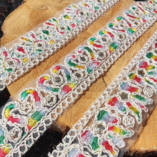 Off white Bohemian Trim with Sequins-4.5cm wide Gold thread Embroidered Mesh Border- Per yard- DIY Costume, Soft furnishings, Dressmaking