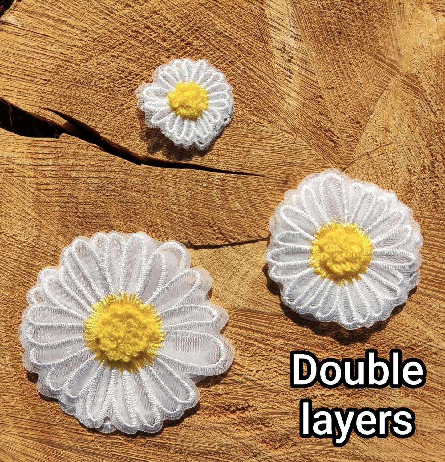 White Daisy Flower Embroidered Organza Applique with 3D Yellow Middle- Single or Double Layer Sew on Floral Motif Patch