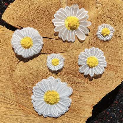 White Daisy Flower Embroidered Organza Applique with 3D Yellow Middle- Single or Double Layer Sew on Floral Motif Patch