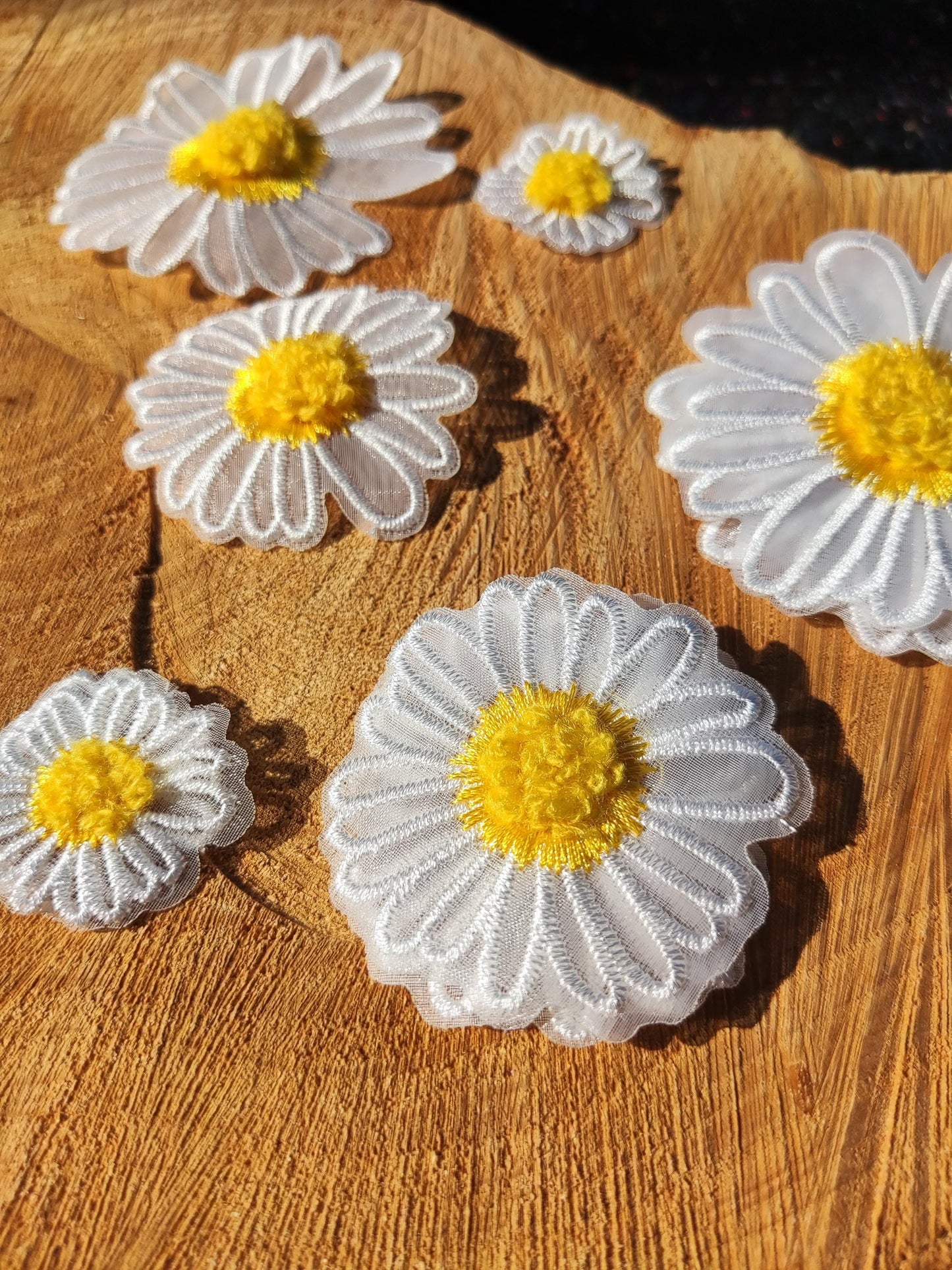 White Daisy Flower Embroidered Organza Applique with 3D Yellow Middle- Single or Double Layer Sew on Floral Motif Patch
