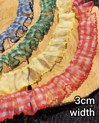 Sheer Gingham Tulle Ruffle Trim with Scallop Edge- Per yard- 3cm or 6cm Width Gathered Mesh Border with Checked pattern