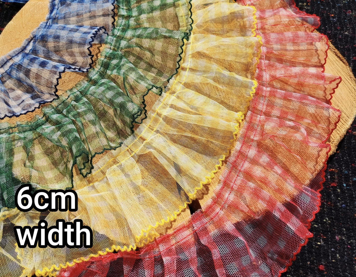 Sheer Gingham Tulle Ruffle Trim with Scallop Edge- Per yard- 3cm or 6cm Width Gathered Mesh Border with Checked pattern