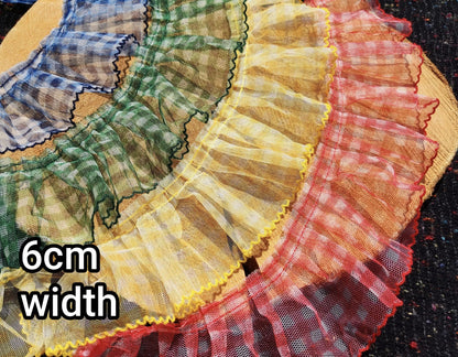 Sheer Gingham Tulle Ruffle Trim with Scallop Edge- Per yard- 3cm or 6cm Width Gathered Mesh Border with Checked pattern