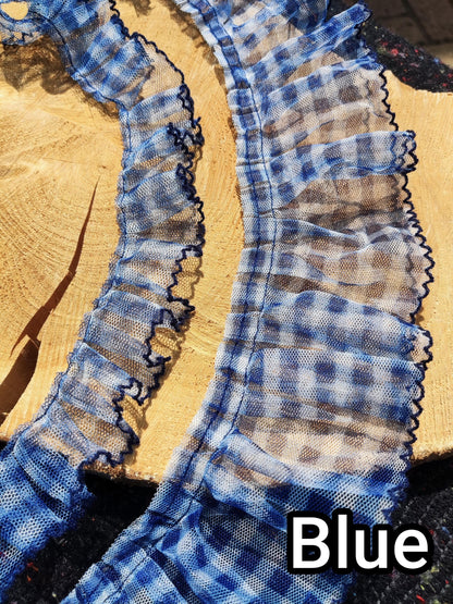 Sheer Gingham Tulle Ruffle Trim with Scallop Edge- Per yard- 3cm or 6cm Width Gathered Mesh Border with Checked pattern