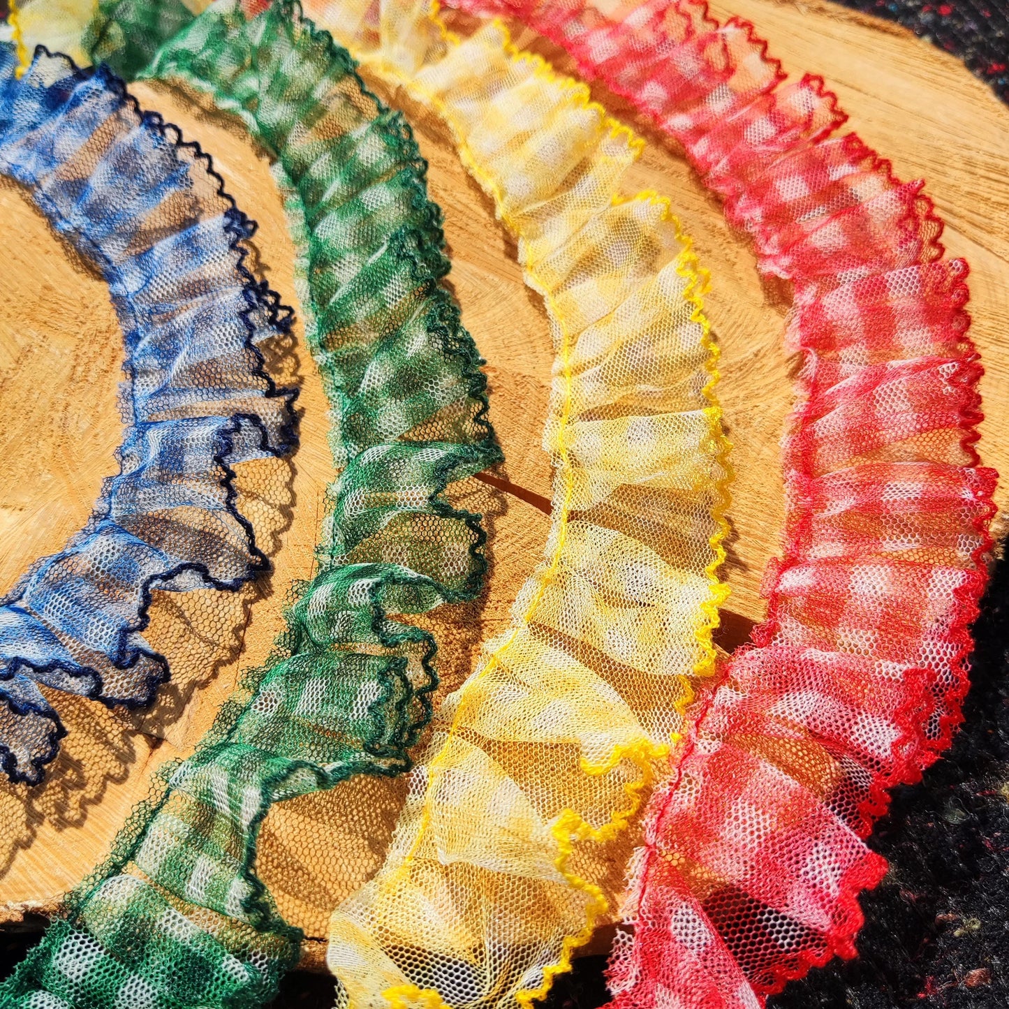 Sheer Gingham Tulle Ruffle Trim with Scallop Edge- Per yard- 3cm or 6cm Width Gathered Mesh Border with Checked pattern