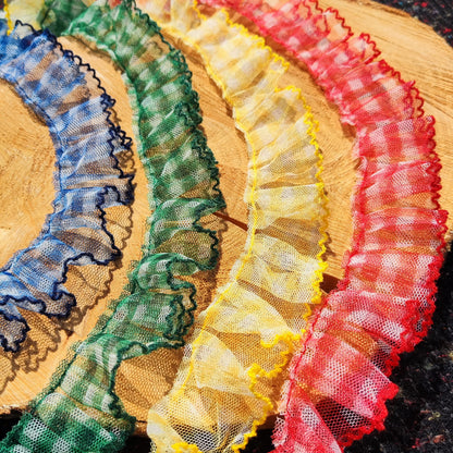 Sheer Gingham Tulle Ruffle Trim with Scallop Edge- Per yard- 3cm or 6cm Width Gathered Mesh Border with Checked pattern