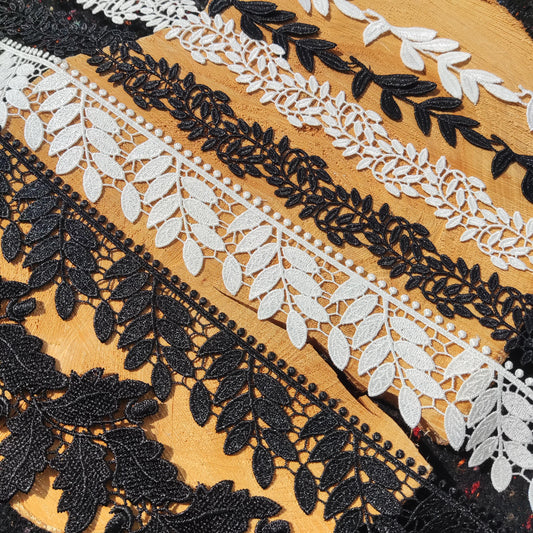 Leaf Pattern Lace trim in Black or White -Per yard -For Doll Clothes, Dressmaking, Bridal Embellishment