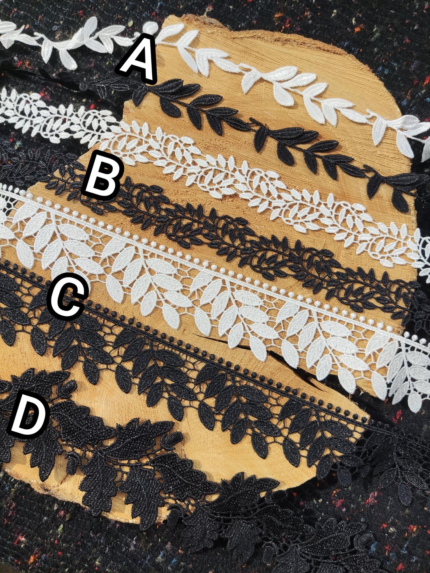 Leaf Pattern Lace trim in Black or White -Per yard -For Doll Clothes, Dressmaking, Bridal Embellishment