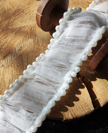 5cm Beaded Off White Tulle Trim: Pleated Faux Pearl Border- Sold by the yard
