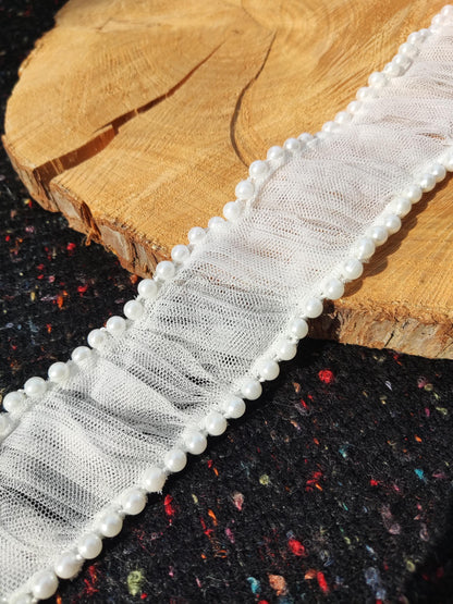 5cm Beaded Off White Tulle Trim: Pleated Faux Pearl Border- Sold by the yard