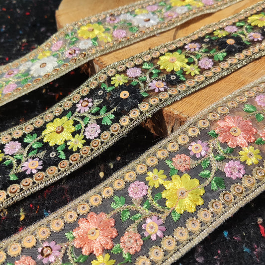 Embroidered Floral Sheer Ribbon Trim with Sequins- per yard- 4cm Luxury Flower Border Edging on Mesh Net fabric- DIY costume, Dress making