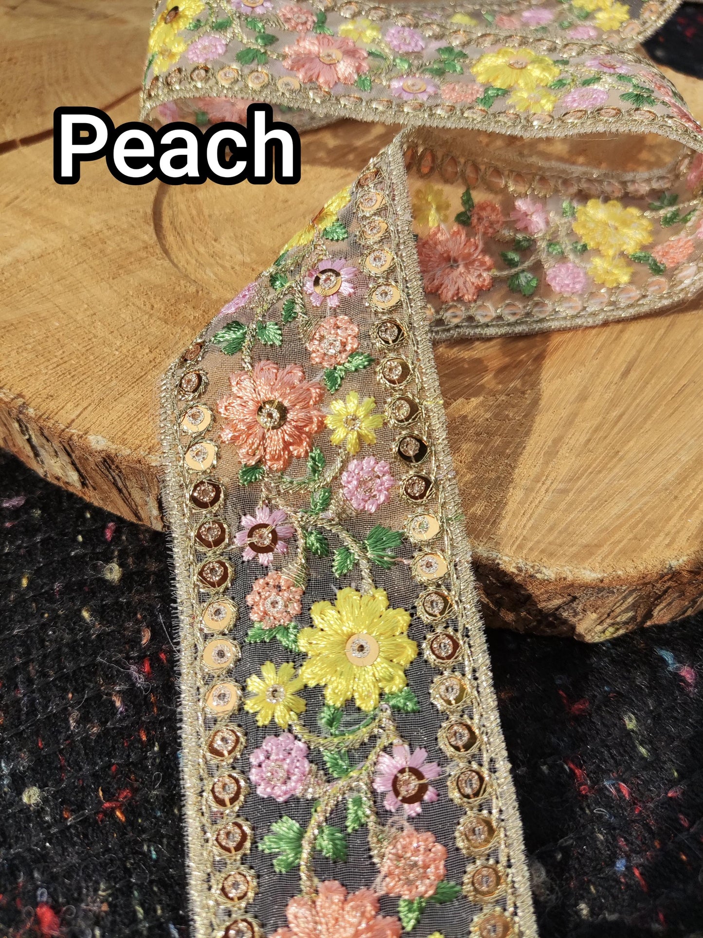 Embroidered Floral Sheer Ribbon Trim with Sequins- per yard- 4cm Luxury Flower Border Edging on Mesh Net fabric- DIY costume, Dress making