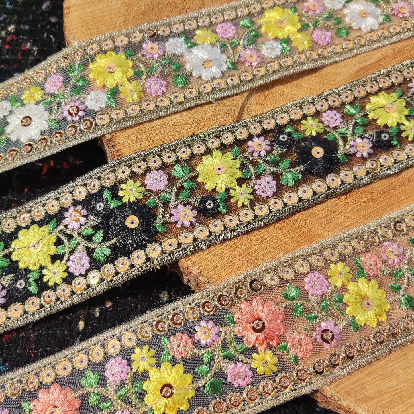 Embroidered Floral Sheer Ribbon Trim with Sequins- per yard- 4cm Luxury Flower Border Edging on Mesh Net fabric- DIY costume, Dress making