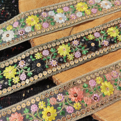 Embroidered Floral Sheer Ribbon Trim with Sequins- per yard- 4cm Luxury Flower Border Edging on Mesh Net fabric- DIY costume, Dress making