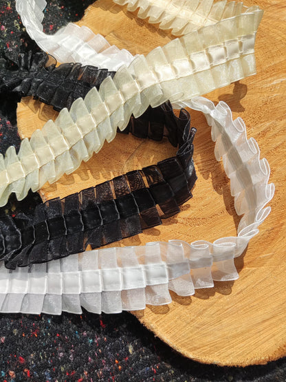 Pleated Organza Trim with Satin Ribbon Middle -Per yard- 4cm Gathered Ruffle Border- For Sewing, Dressmaking, Doll Clothes