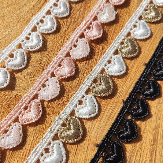 Delicate Love Heart Embroidered Lace trim-12mm wide Fine Embellishment-Per yard- White/Black/Gold/Pink/Iridescent-Necklace DIY Sewing