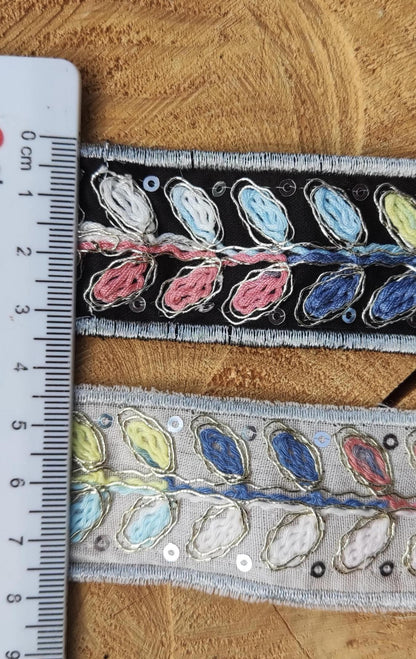 Ombre Rainbow Stem Embroidered Trim with Sequin- Per yard - 3.5cm width Stitched Leaf Edging, Ethnic Border, Colorful Embellishment