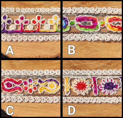 Chenille Embroidered Rainbow Trim- Per yard- 4cm Width Beige Sheer Mesh Ribbon with Sequin for Sewing, Costume DIY, Dressmaking