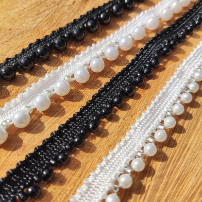 1cm Faux Pearl Beaded Trim: Black or White - Sold by the yard