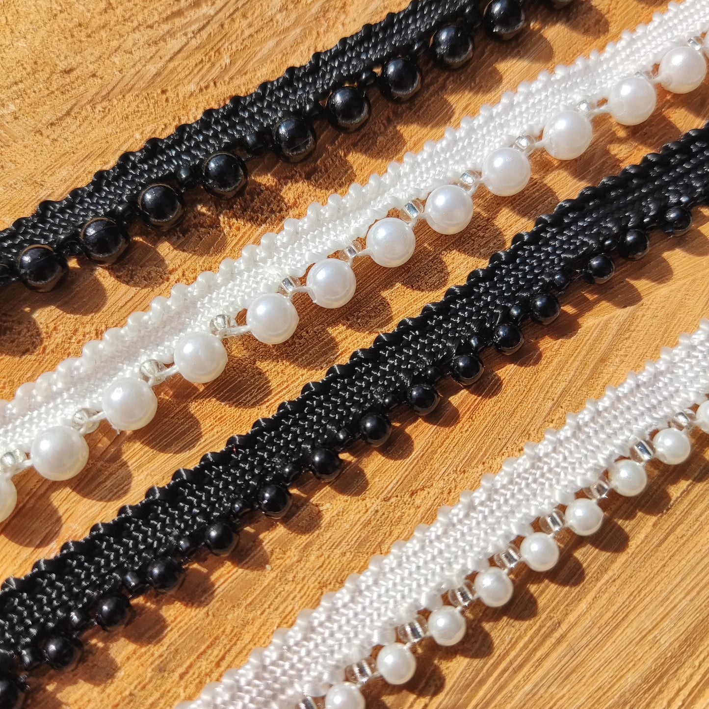 1cm Faux Pearl Beaded Trim: Black or White - Sold by the yard