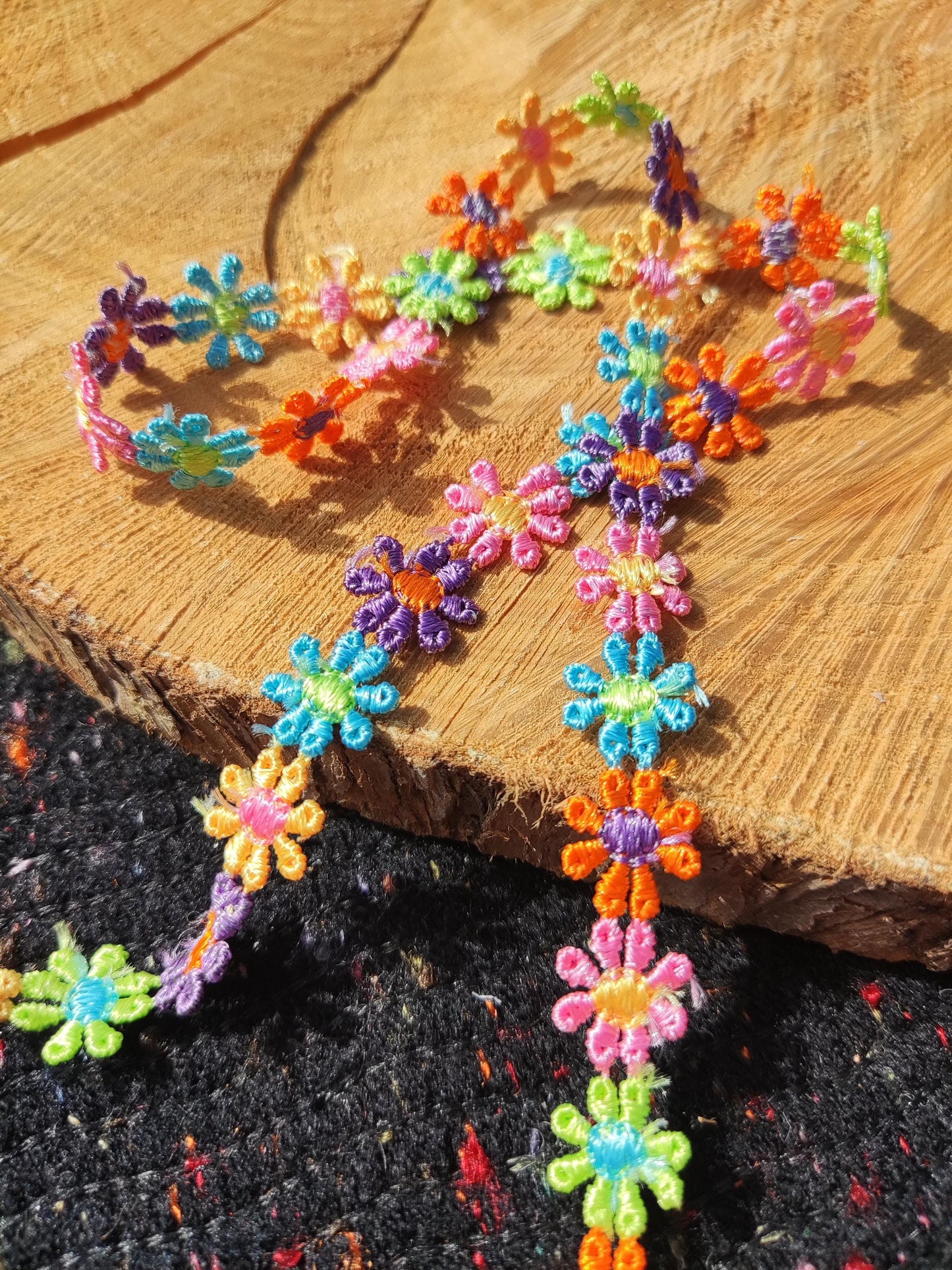 Colourful Embroidered Daisy Chain Trim -Per yard-  1.2cm Narrow Multi colored Rainbow Flower Embellishment-DIY Sewing, Costume, Scrapbooking