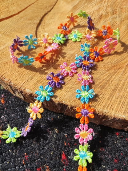 Colourful Embroidered Daisy Chain Trim -Per yard-  1.2cm Narrow Multi colored Rainbow Flower Embellishment-DIY Sewing, Costume, Scrapbooking