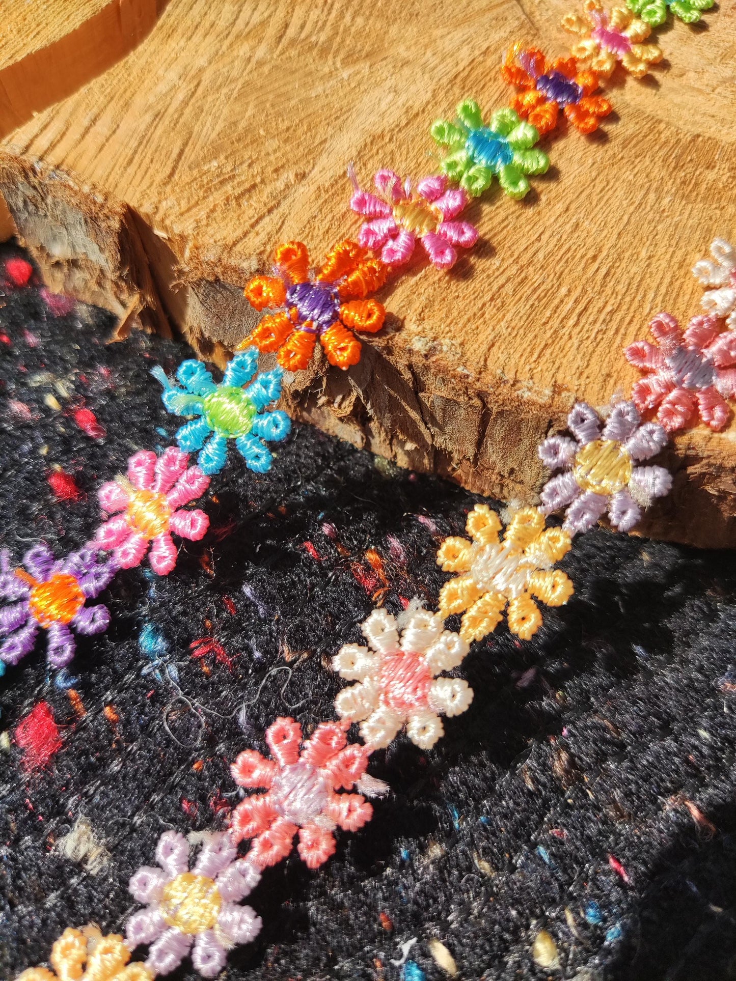 Colourful Embroidered Daisy Chain Trim -Per yard-  1.2cm Narrow Multi colored Rainbow Flower Embellishment-DIY Sewing, Costume, Scrapbooking