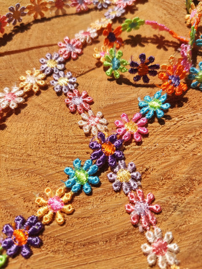 Colourful Embroidered Daisy Chain Trim -Per yard-  1.2cm Narrow Multi colored Rainbow Flower Embellishment-DIY Sewing, Costume, Scrapbooking