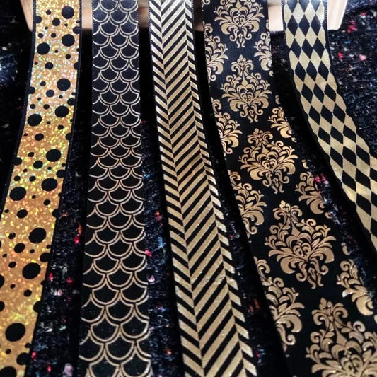 25mm Black Satin Ribbon with Gold Prints- Per Yard- Polka Dot, Harlequin, Floral, Stripy Pattern