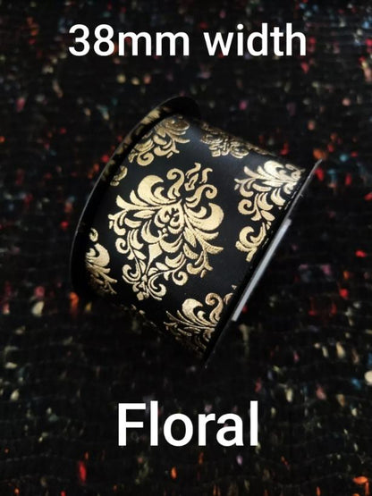 25mm Black Satin Ribbon with Gold Prints- Per Yard- Polka Dot, Harlequin, Floral, Stripy Pattern