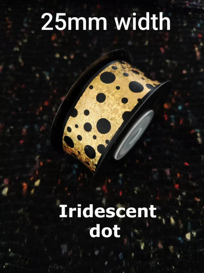 25mm Black Satin Ribbon with Gold Prints- Per Yard- Polka Dot, Harlequin, Floral, Stripy Pattern