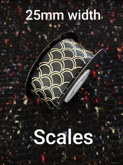 25mm Black Satin Ribbon with Gold Prints- Per Yard- Polka Dot, Harlequin, Floral, Stripy Pattern
