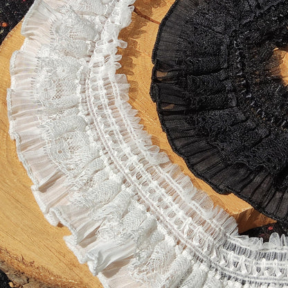Stretchy Pleated Chiffon Trim with Lace Layer- 9cm width Gathered Elastic Ruffle Border For Doll making, Cosplay Costume, Upholstery, Hat