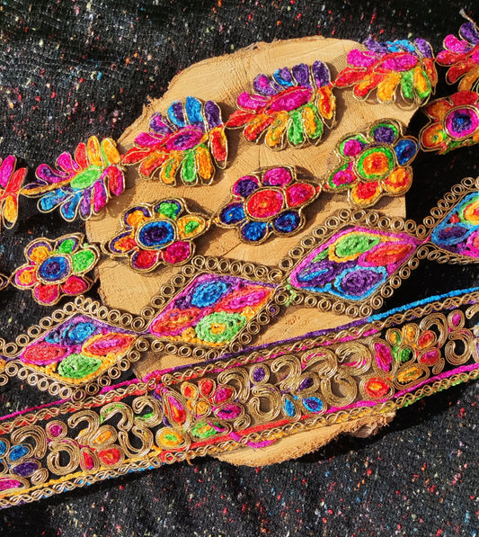 Chenille Embroidered Wide Rainbow Trim with Gold Piping- Per yard- Wide Flower Border For Costume DIY, Festival Decor, Soft furnishings
