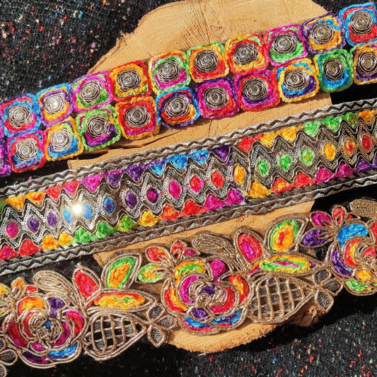 Chenille Embroidered Rainbow Trim with Sequin and Gold Edging- 7cm wide Gypsy Chic Colorful Flower Border- Per yard
