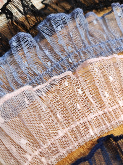 Pleated Dotty Tulle Frilly Trim- 4cm Width Gathered Spotty Ruffle Edging- Per yard- For Doll making, Bridal trim, Upholstery, Scrunchie DIY
