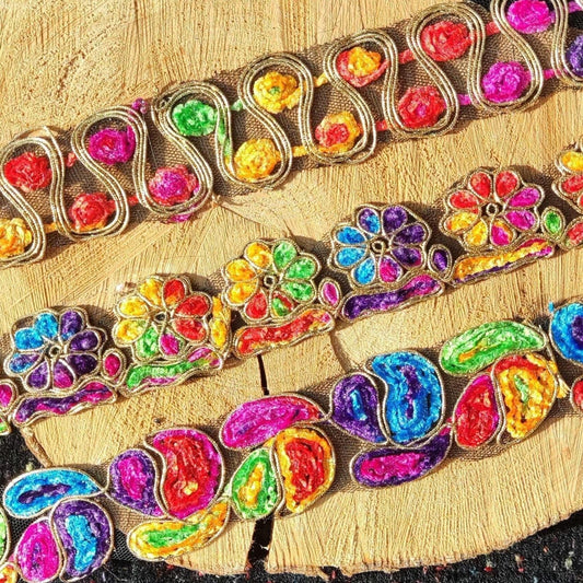 Rainbow Chenille Embroidered Trim with Gold Edging- Bold color Flower Border- Per yard- For Clothing DIY, Festival Costume, Home Decor