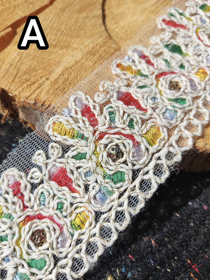 Off white Bohemian Trim with Sequins-4.5cm wide Gold thread Embroidered Mesh Border- Per yard- DIY Costume, Soft furnishings, Dressmaking