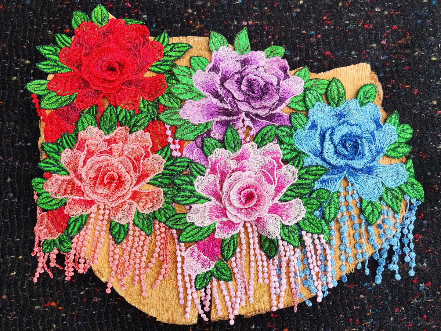 Statement Peony with Tassel Sew On Applique-  Embroidered Flower Motif Patch- For Clothes DIY, Cushion making, Hippie Chic Home decor