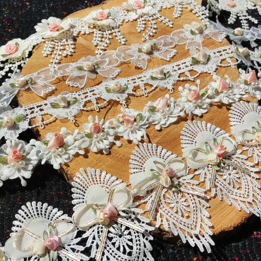 Beaded Floral Lace Trim with Satin Rose bud- sold by the yard