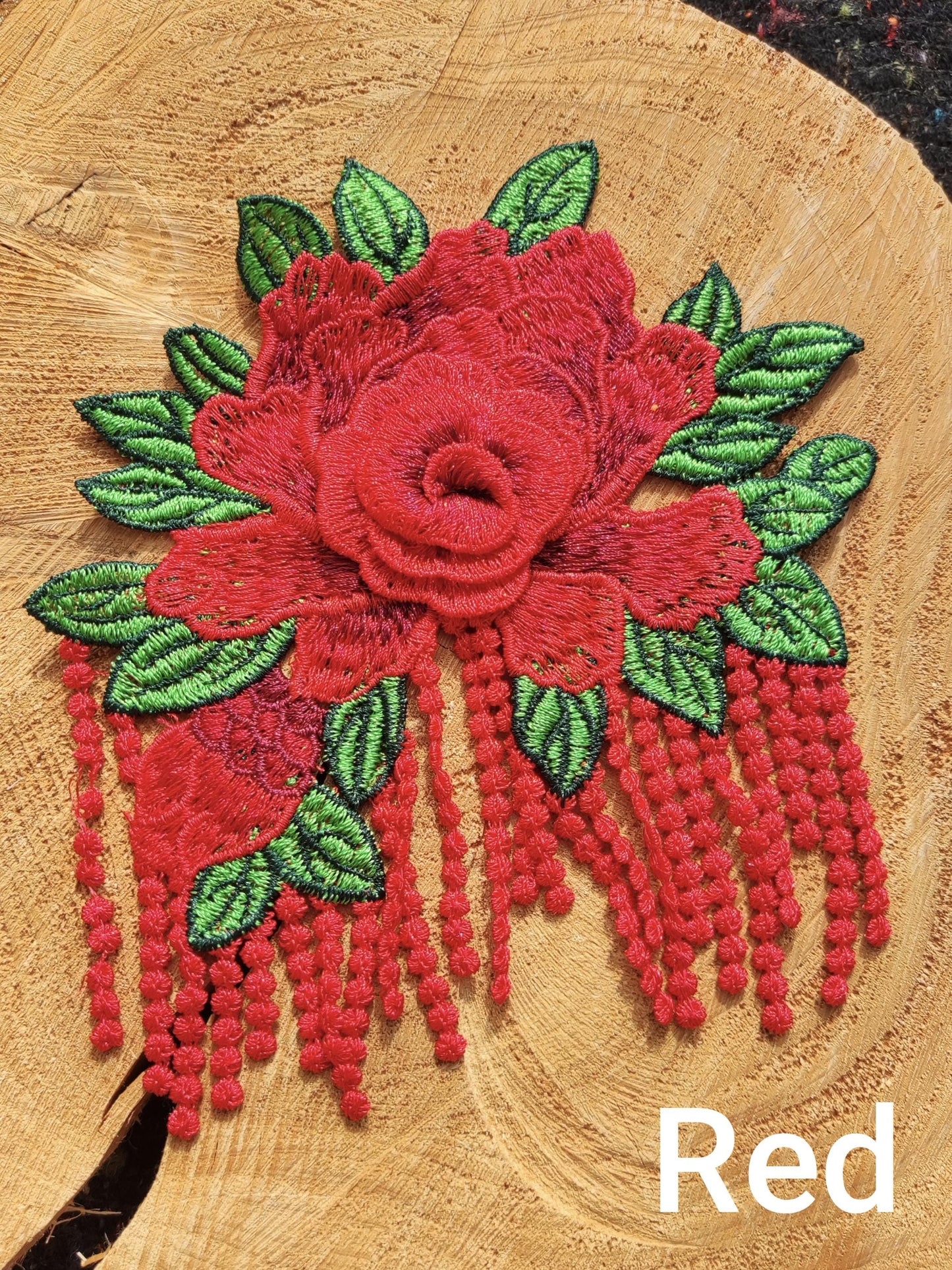 Statement Peony with Tassel Sew On Applique-  Embroidered Flower Motif Patch- For Clothes DIY, Cushion making, Hippie Chic Home decor