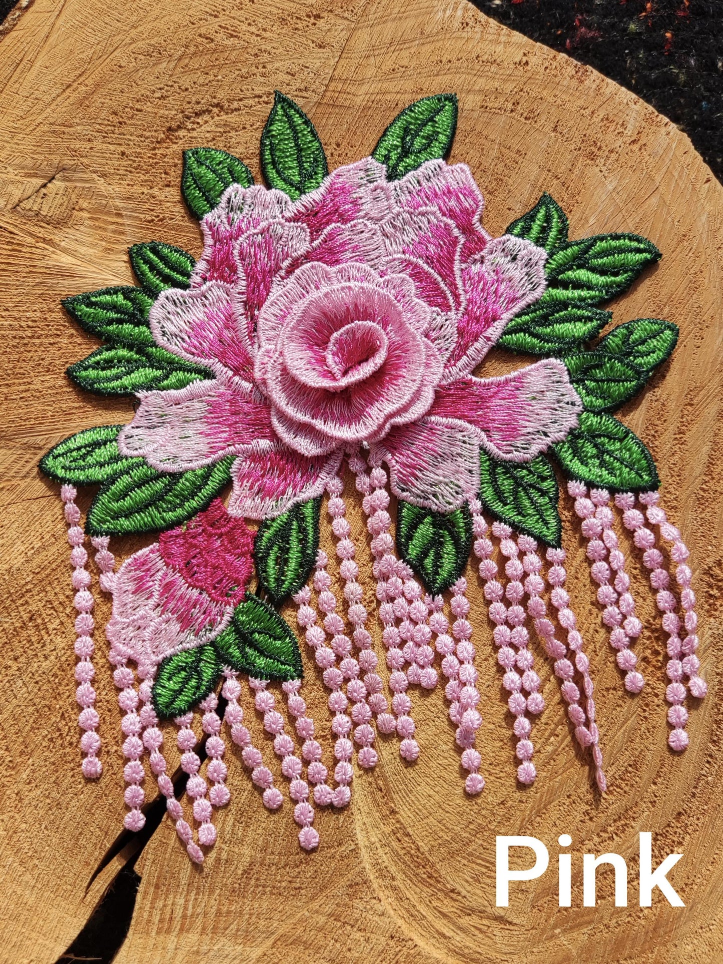 Statement Peony with Tassel Sew On Applique-  Embroidered Flower Motif Patch- For Clothes DIY, Cushion making, Hippie Chic Home decor
