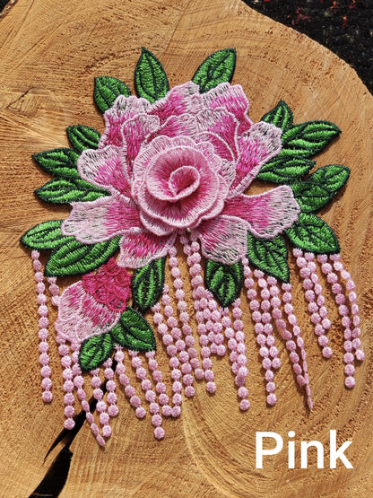 Statement Peony with Tassel Sew On Applique-  Embroidered Flower Motif Patch- For Clothes DIY, Cushion making, Hippie Chic Home decor