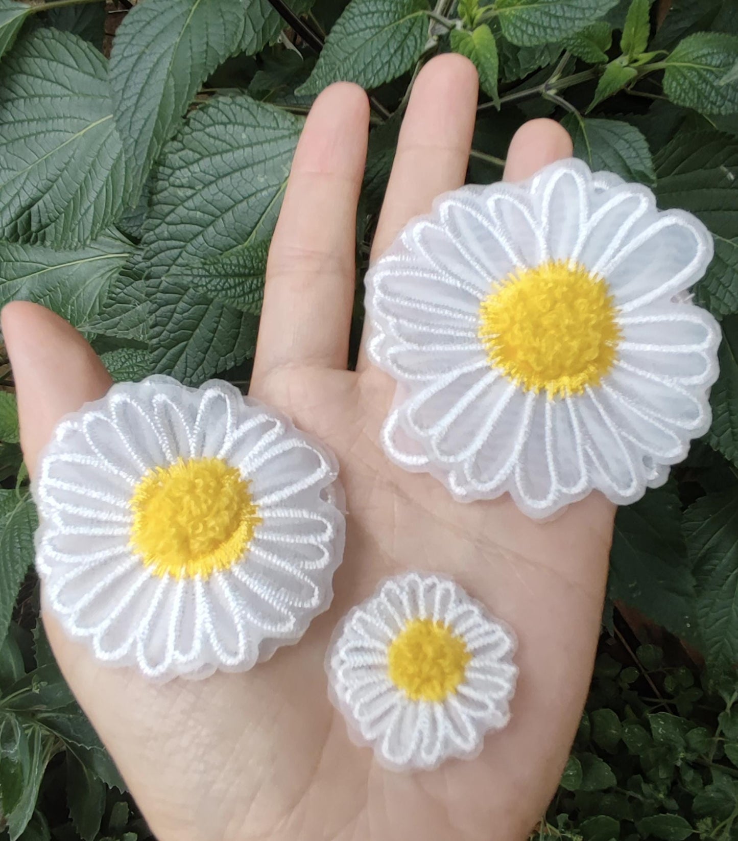 White Daisy Flower Embroidered Organza Applique with 3D Yellow Middle- Single or Double Layer Sew on Floral Motif Patch