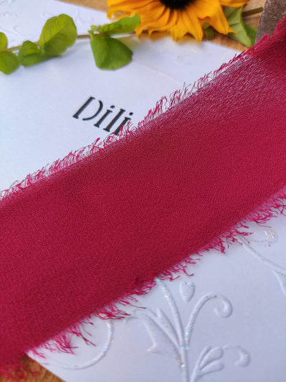 Red Grey Black Hand torn Chiffon Ribbon with Frayed Edge -38 or 50mm width