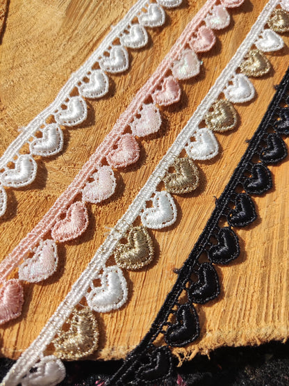 Delicate Love Heart Embroidered Lace trim-12mm wide Fine Embellishment-Per yard- White/Black/Gold/Pink/Iridescent-Necklace DIY Sewing