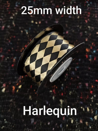 25mm Black Satin Ribbon with Gold Prints- Per Yard- Polka Dot, Harlequin, Floral, Stripy Pattern