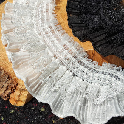 Stretchy Pleated Chiffon Trim with Lace Layer- 9cm width Gathered Elastic Ruffle Border For Doll making, Cosplay Costume, Upholstery, Hat