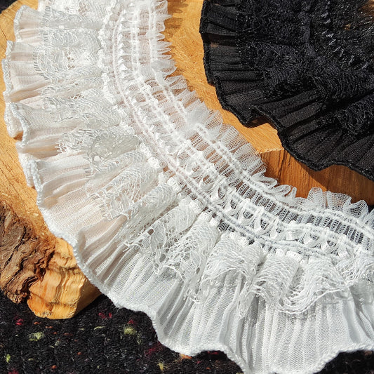 Stretchy Pleated Chiffon Trim with Lace Layer- 9cm width Gathered Elastic Ruffle Border For Doll making, Cosplay Costume, Upholstery, Hat